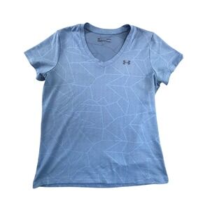 Under Armour Womens HeatGear V Neck T Shirt Blue Geometric Print Loose Fit LG